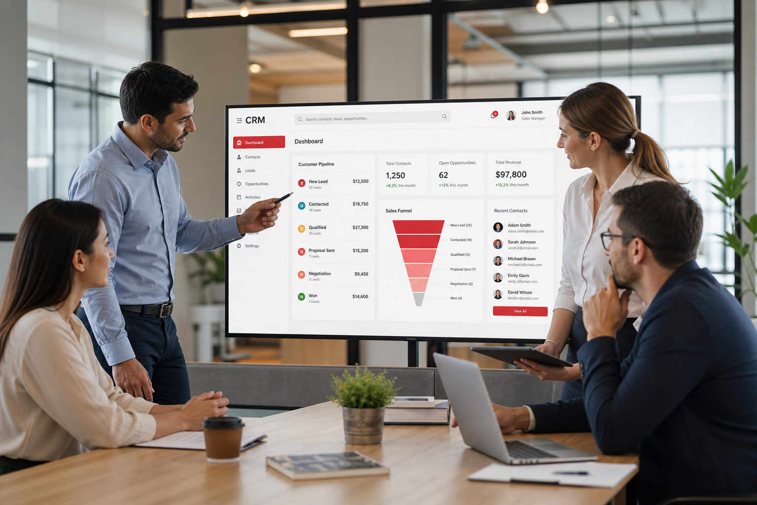 Team working on a CRM system for customer management and sales pipeline