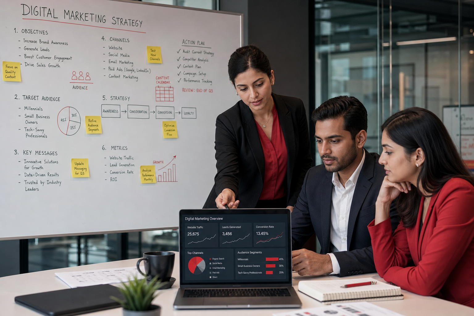 Team planning a digital marketing strategy on a whiteboard and analytics screens