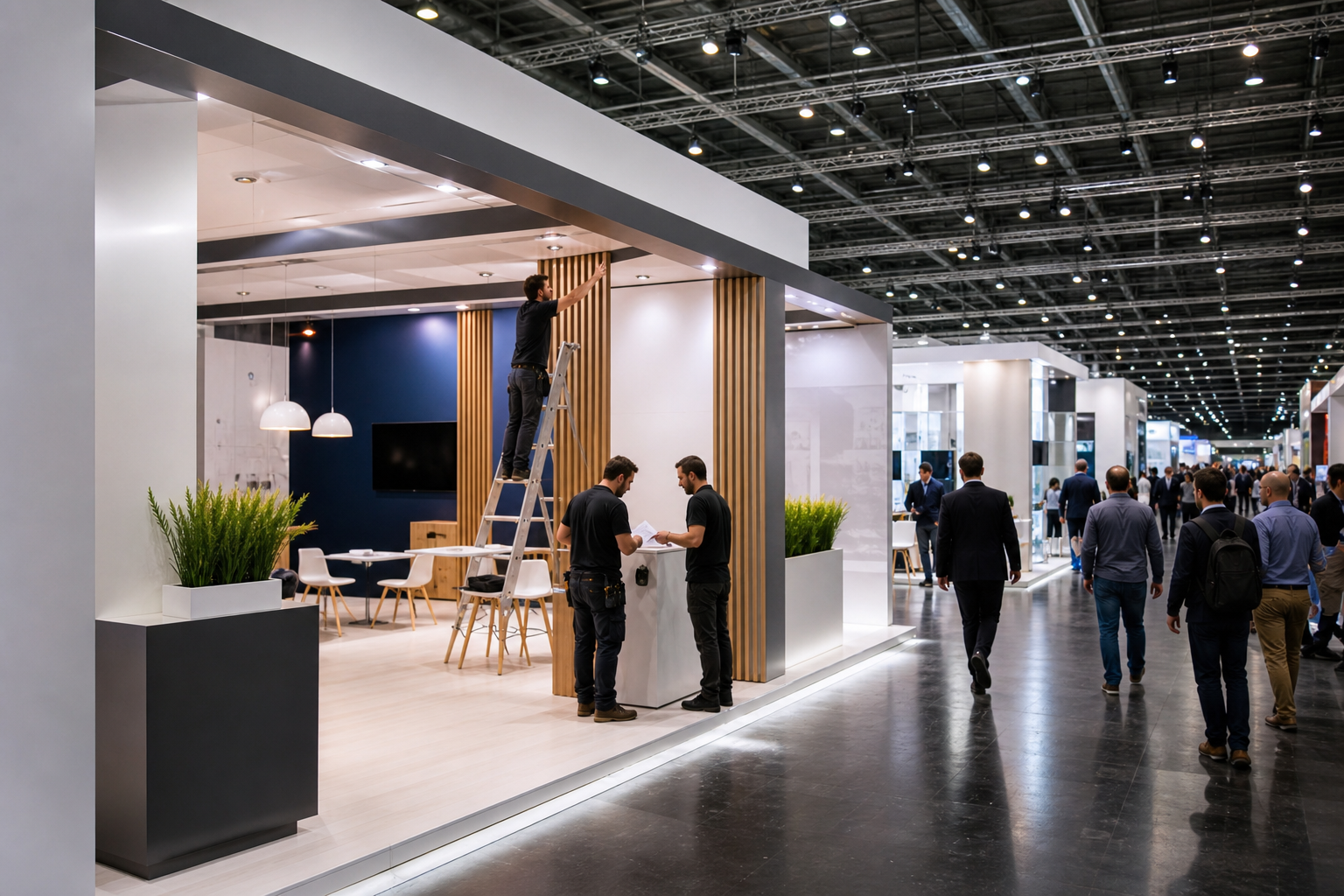 Team managing a professional exhibition booth and organized visitor experience