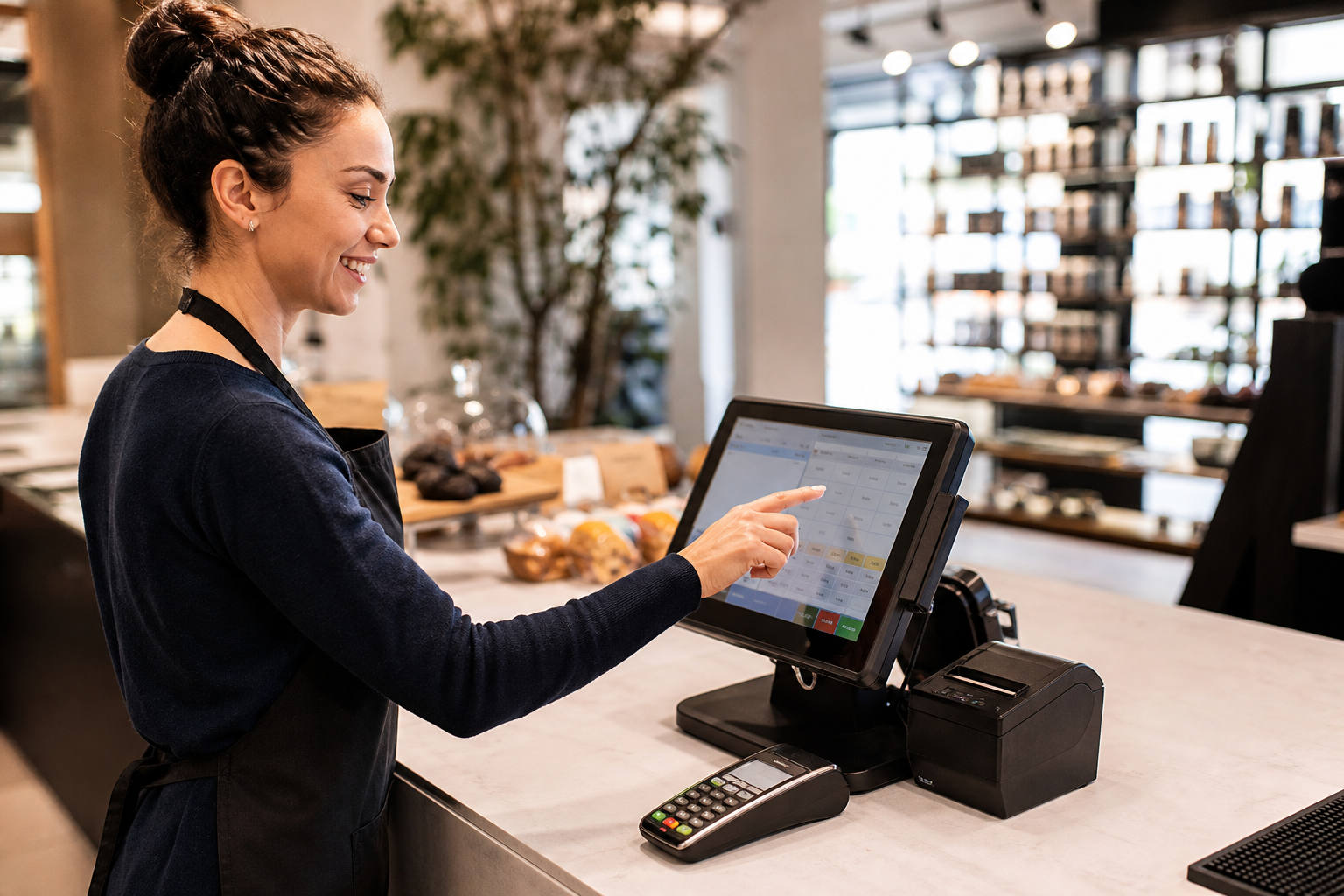 Staff member using a POS system to complete a sale and payment