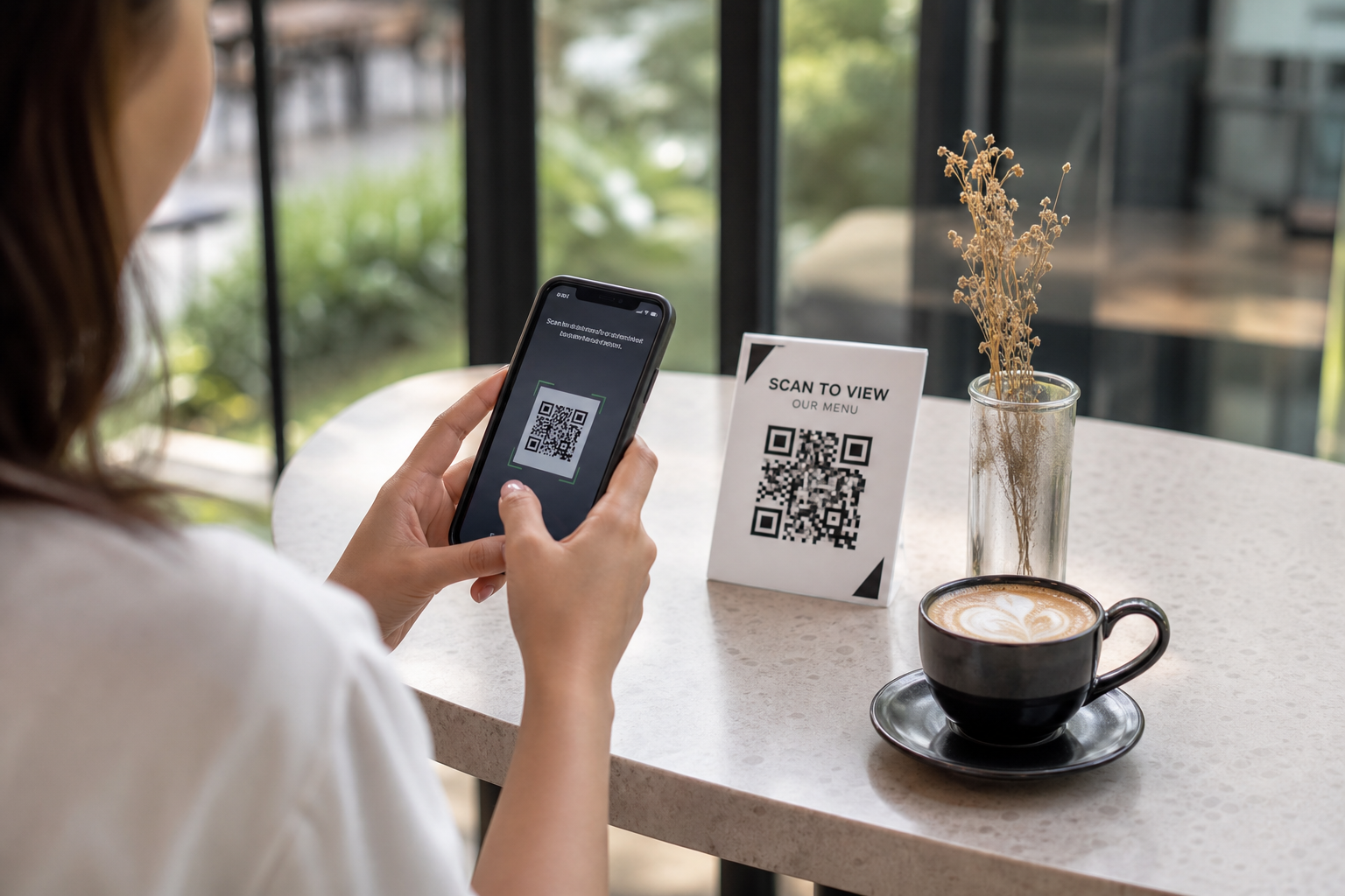 Customer scanning a QR Code with a phone for quick access to a service