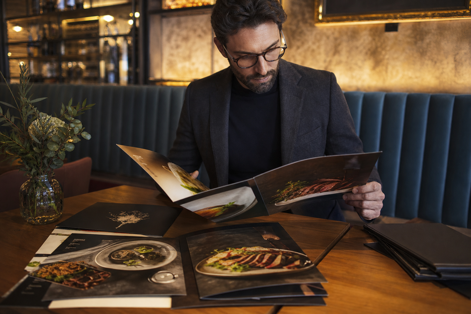 Designer reviewing elegant printed restaurant menus in a modern restaurant