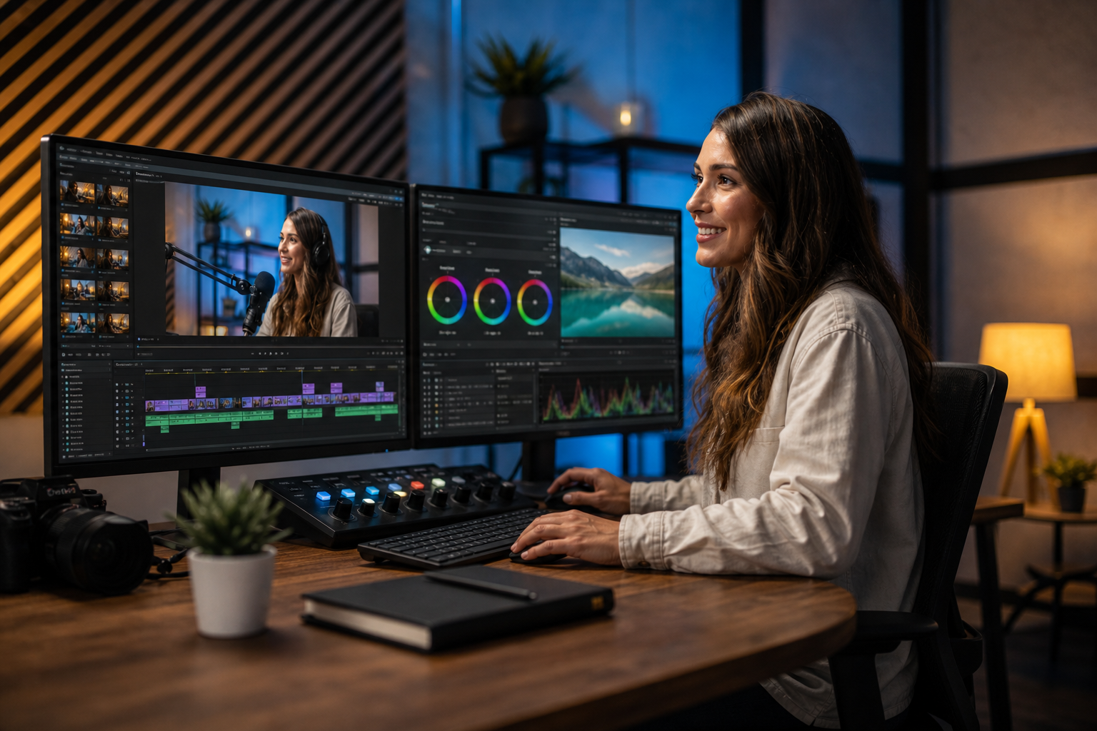Video editor working on visual content in a professional studio