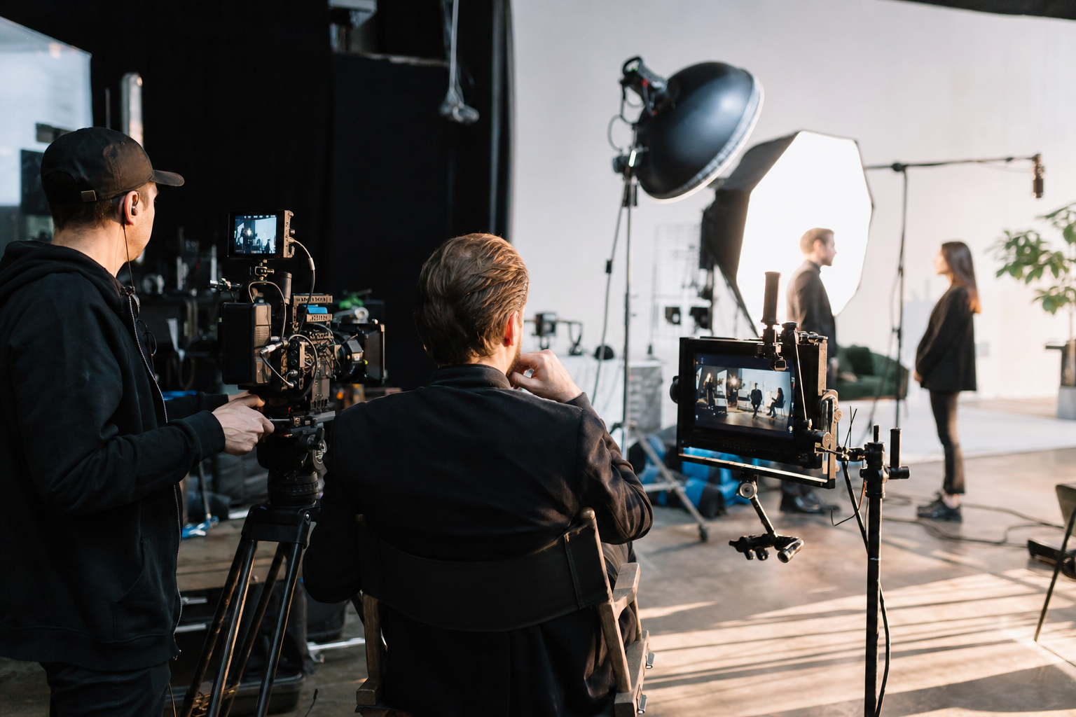 Professional video production crew on a filming location with cinematic lighting